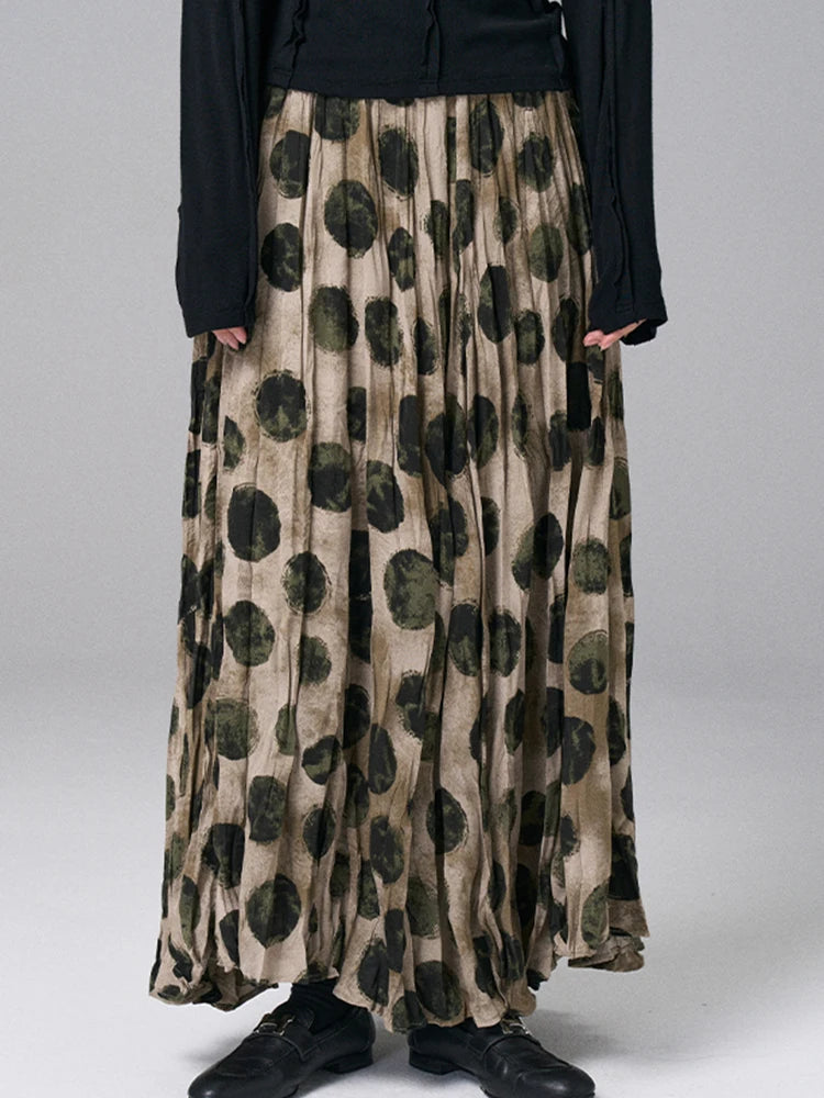 High Elastic Waist Green Dot Printed Vintage A-line Half-body Skirt Women Fashion Tide New Spring Autumn 2025 1DJ0380