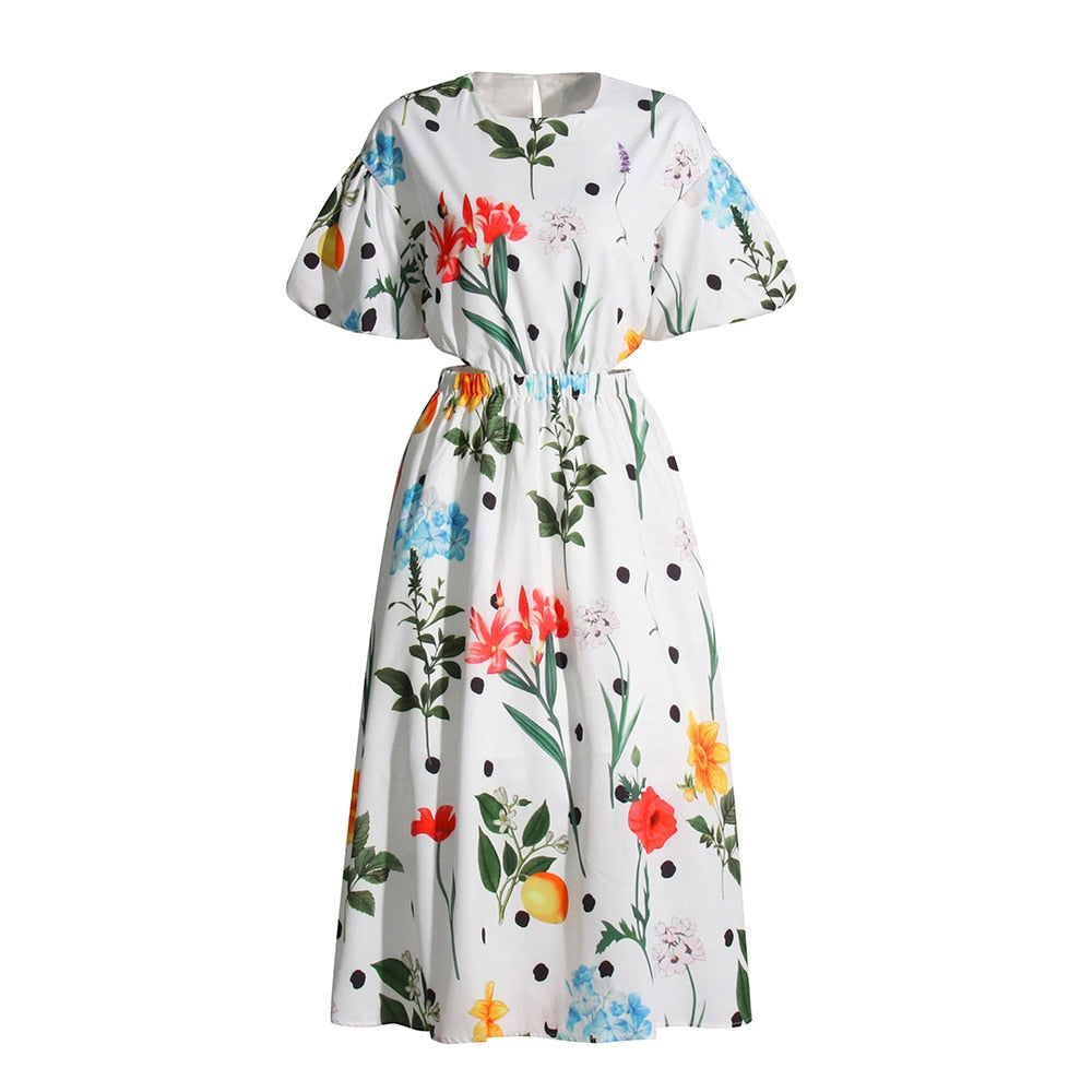 Print Dresses For Women Round Neck Short Sleeve High Waist Hollow Out A Line Print Vintage Dress Female Fashion