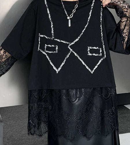 Women Black Pattern Lace Perspective Big Size T-shirt New Round Neck Long Sleeve Fashion Tide Spring Autumn 2025 1DJ0793