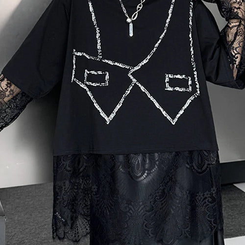 Load image into Gallery viewer, Women Black Pattern Lace Perspective Big Size T-shirt New Round Neck Long Sleeve Fashion Tide Spring Autumn 2025 1DJ0793
