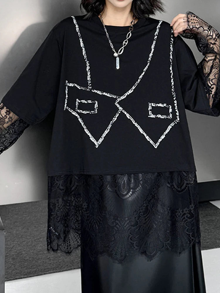 Women Black Pattern Lace Perspective Big Size T-shirt New Round Neck Long Sleeve Fashion Tide Spring Autumn 2025 1DJ0793