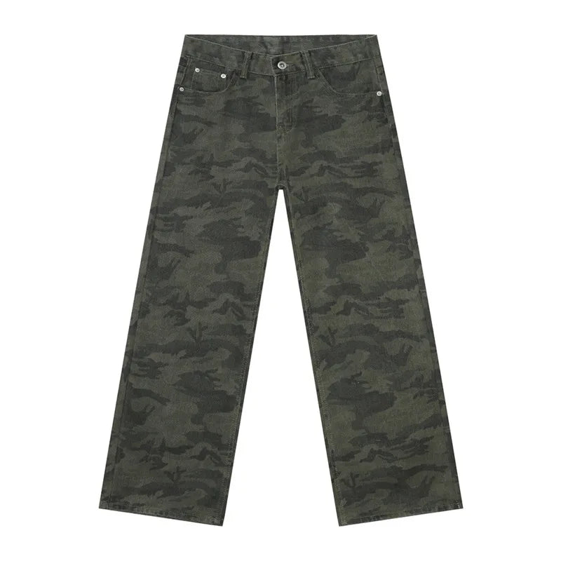 Men's Autumn Straight Camouflage Jeans Trendy Casual Washing Wide Leg Loose Menswear Simple Male Denim Pants Winter 9C8898