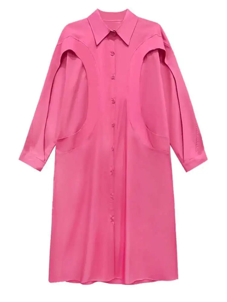 Women Green Rose Red Spliced Big Size Midi Shirt Dress New Lapel Long Sleeve Fashion Tide Spring Autumn 2025 1DH5167