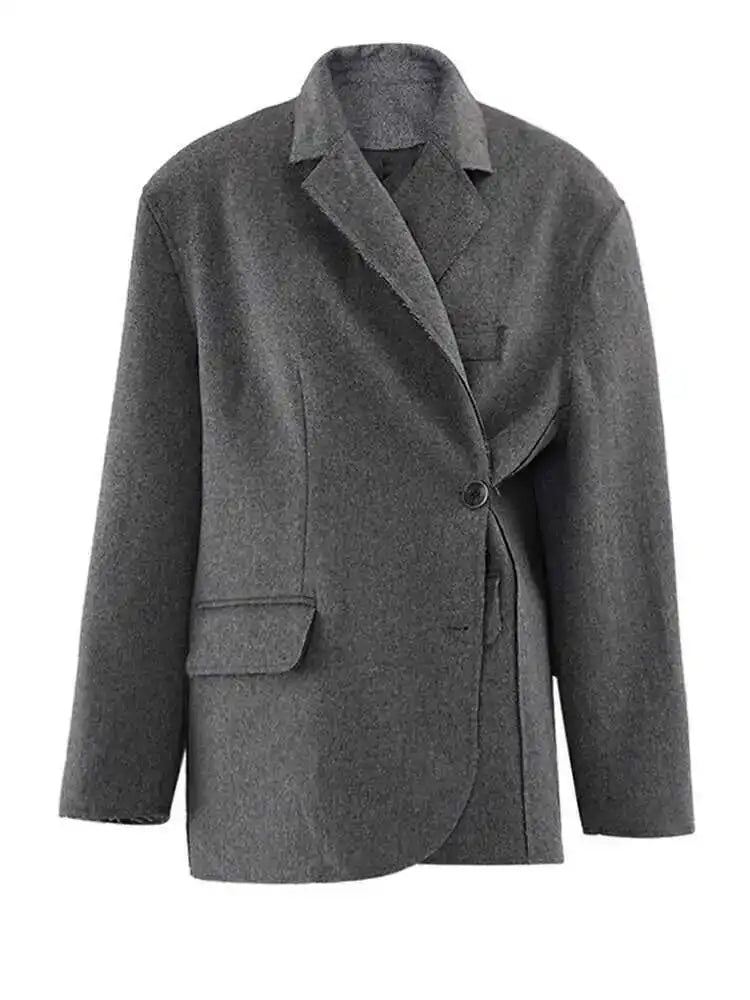 Gray Irregular Side Button Big Size Woolen Coat New Lapel Long Sleeve Women Jacket Fashion Tide Autumn Winter 2025 25A8452