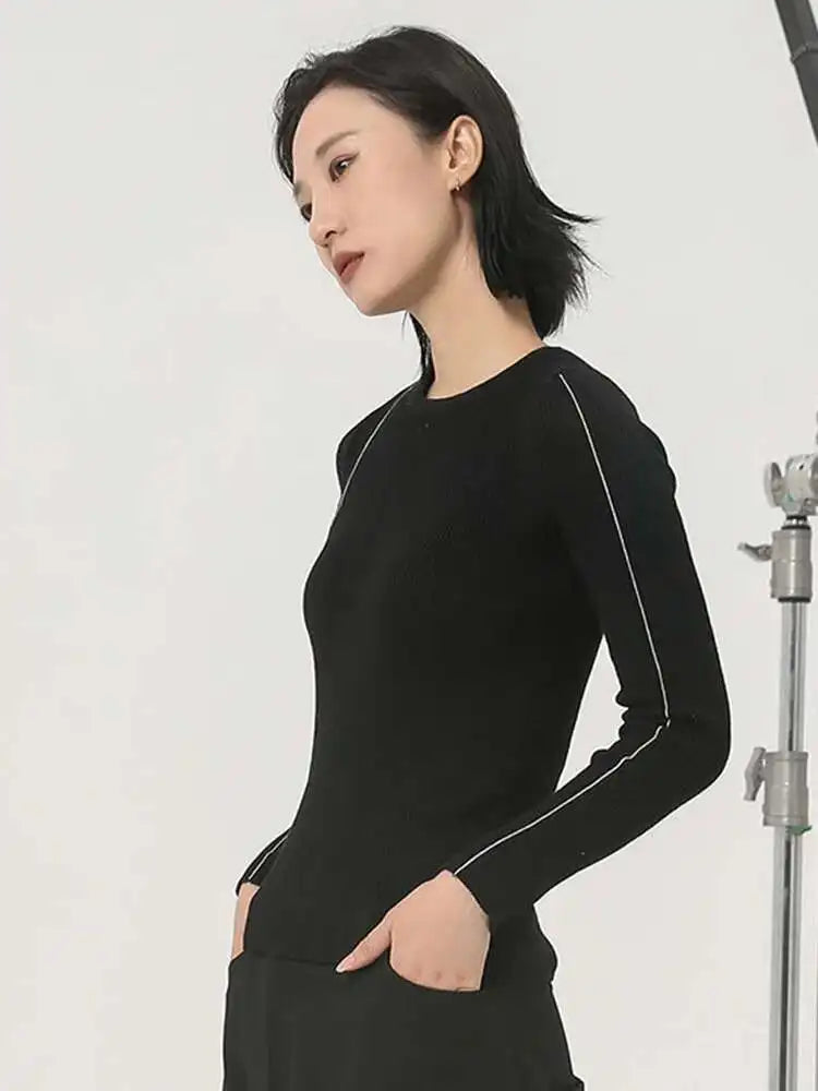 Black Color-block Slim Knitting Sweater Round Neck Long Sleeve Women Pullovers New Fashion Spring Autumn 2025  1DH2083
