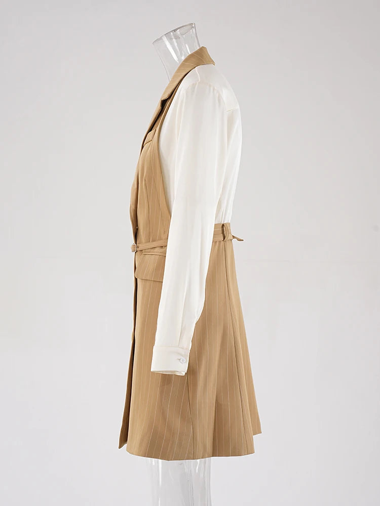 Women Khaki Striped Back Pleated Long Elegant Blazer New Lapel Long Sleeve Jacket Fashion Tide Spring Autumn 2025 CPDB201