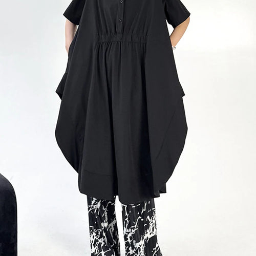 Load image into Gallery viewer, Women Black Side Slit Irregular Big Size Midi Shirt Dress New Lapel Short Sleeve Fashion Tide Spring Summer 2025 1DJ1121
