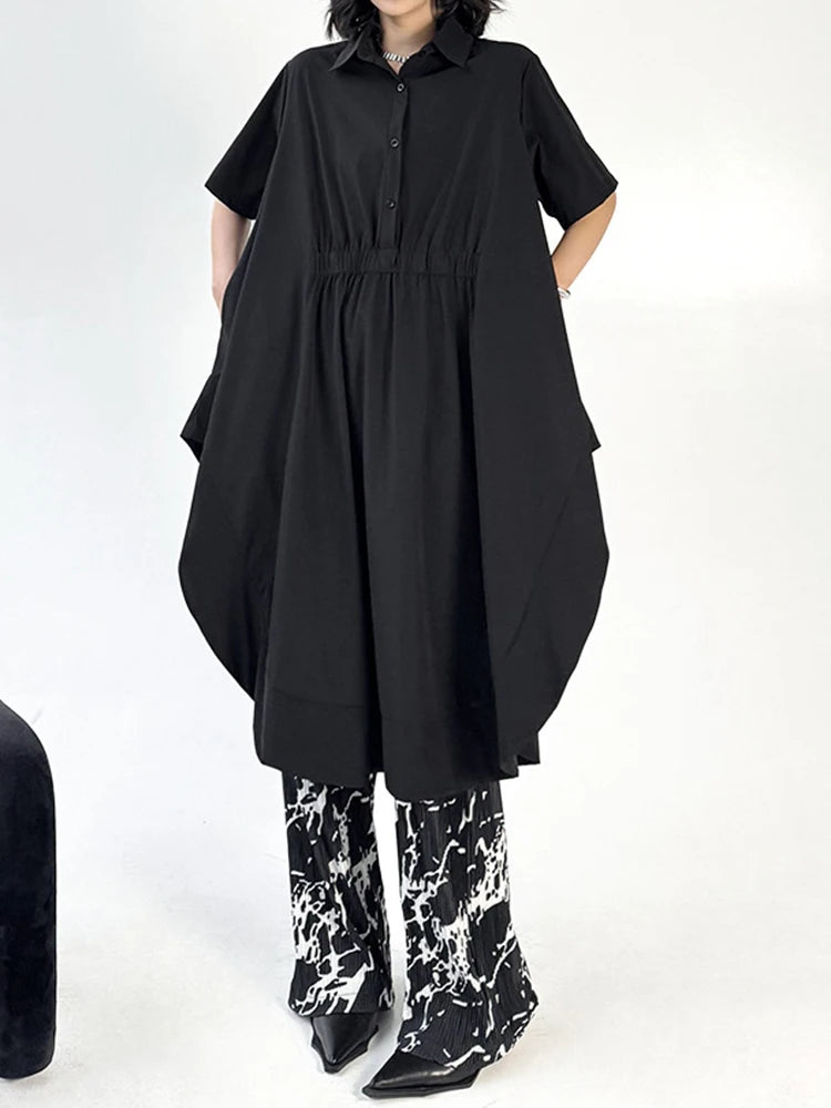 Women Black Side Slit Irregular Big Size Midi Shirt Dress New Lapel Short Sleeve Fashion Tide Spring Summer 2025 1DJ1121
