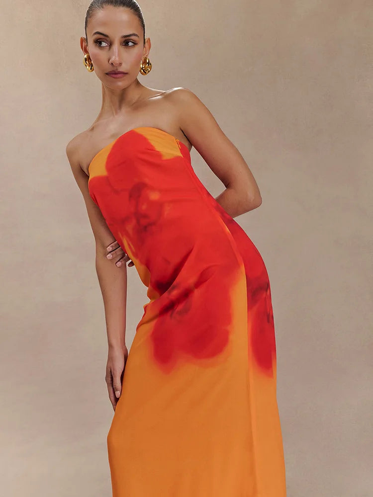 Floral Print Strapless Sexy Maxi Dress For Women Gown Off-shoulder Backless Sleeveless Elegant Long Dress Fashion