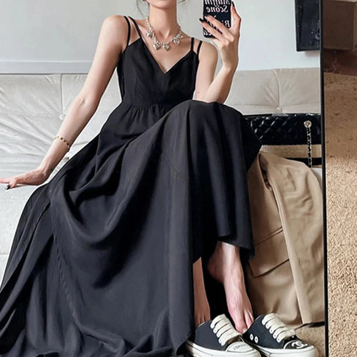 Load image into Gallery viewer, Summer V-neck Black Female Dresses Slim Sleeveless Pure Color High Street Fashion Dresses French Style Elegant Chic Dress
