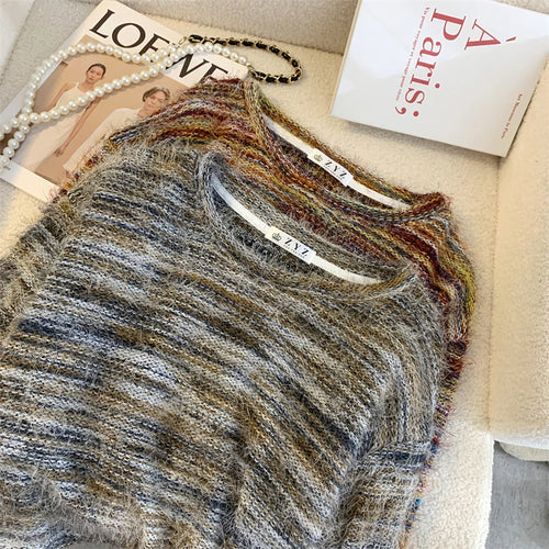 Load image into Gallery viewer, Autumn Winter Vintage O-neck Long Sleeve Casual Mink Striped Patchwork Sweater Women Knitted Pullovers Short Top Boho French Y2k
