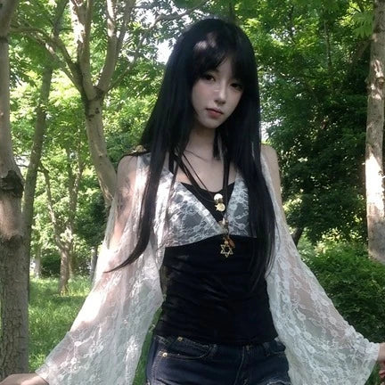 Load image into Gallery viewer, Summer Fake Two Pieces Lace Patchwork Women T-shirt Harajuku Off Shoulder Slim Fit Tops Y2k Aesthetic Grunge Ruffle Sleeve Tees
