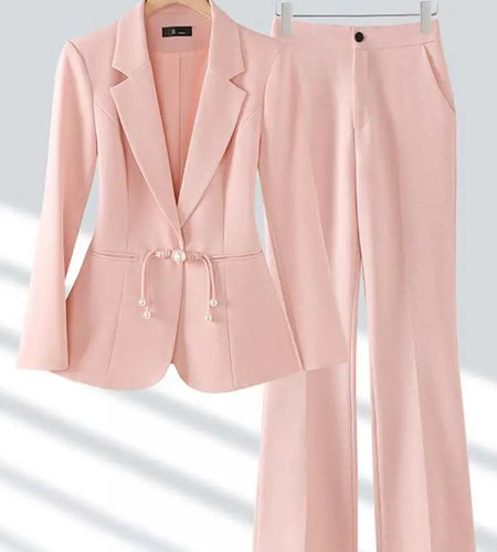 Women Black Beige Two Pieces Set 2024 Chinese Style Pink Office Temperament Short Blazer Tops And High Waist Wide Legs Pant Suit