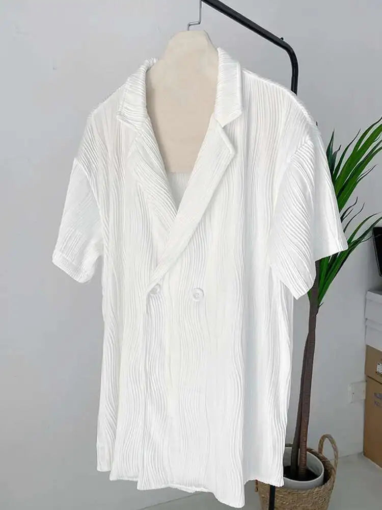 Women White Pleated Elegant Big Size Blouse New Lapel Short Sleeve Loose Fit Shirt Fashion Tide Spring Summer 2025 1DF0381
