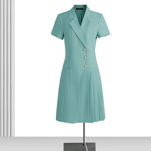 Load image into Gallery viewer, Korean Solid Office Professional Workwear Blazer Dress For Women 2024 Summer Short-sleeve Single Breasted Festival Pleated Dress
