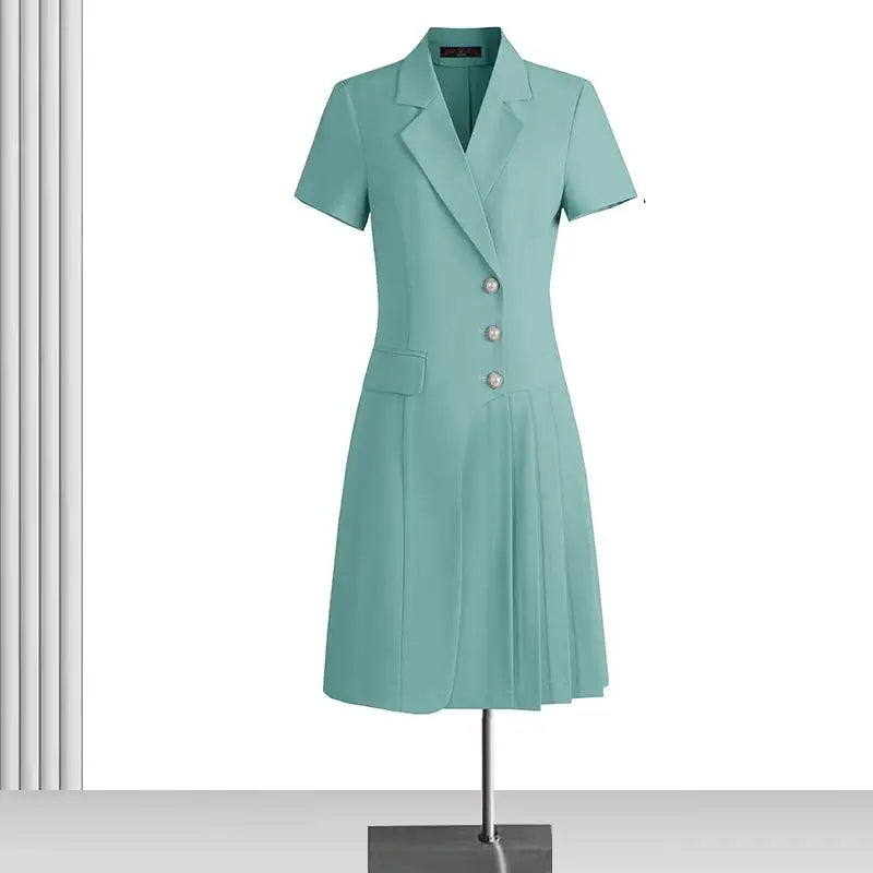 Korean Solid Office Professional Workwear Blazer Dress For Women 2024 Summer Short-sleeve Single Breasted Festival Pleated Dress