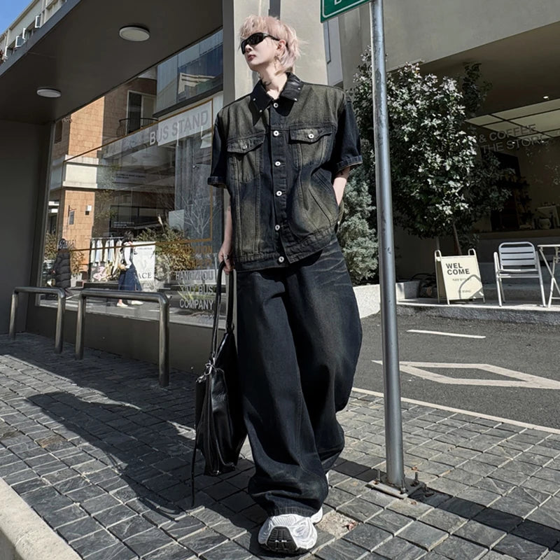 Men's Pants Set New Summer Split Leather Rivet Short Sleeve Denim Jacket Male Loose Gradient Color Tredny Trousers 9W1792