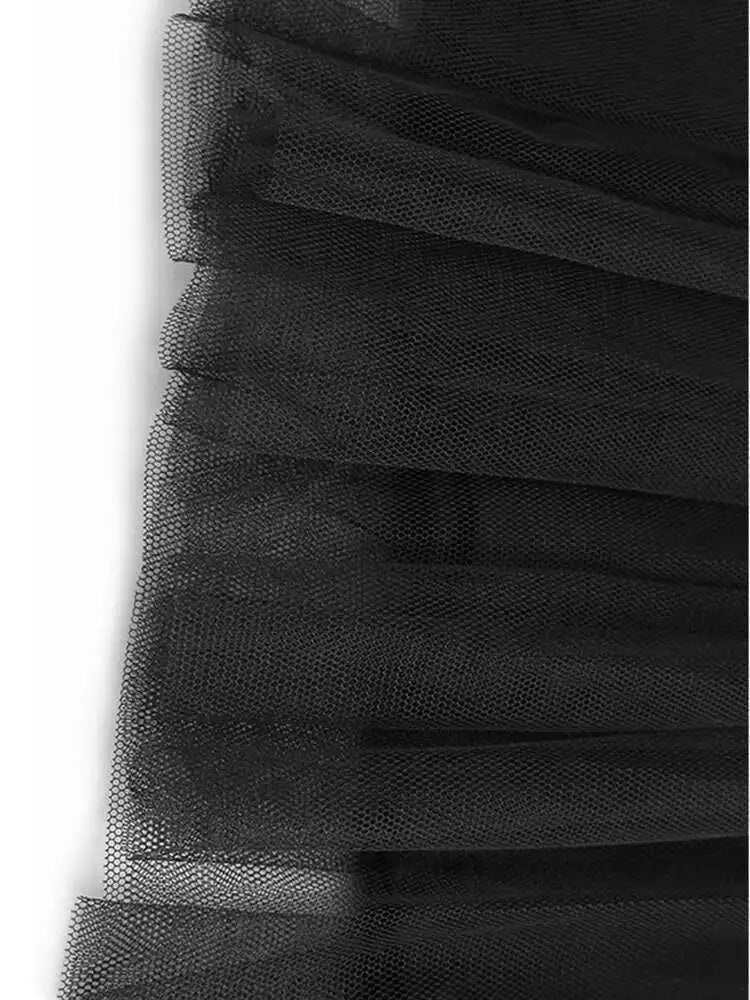 Women Black Mesh Ruffles Spliced Big Size Midi Dress New Round Neck Long Sleeve Fashion Tide Spring Autumn 2025 1DH7180