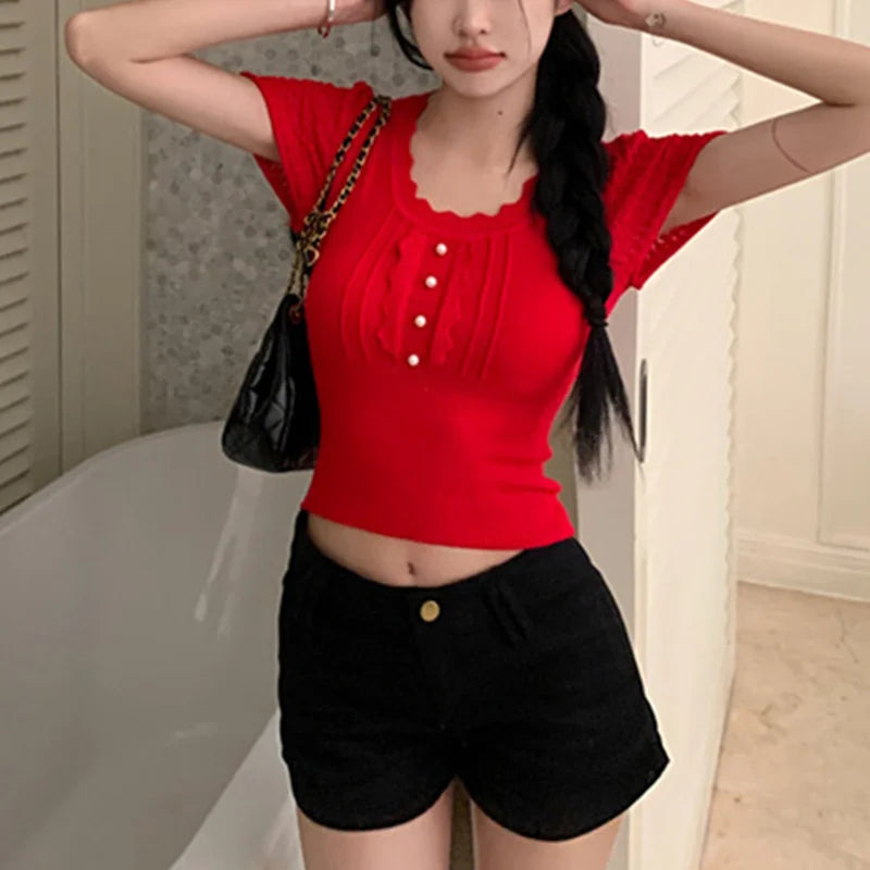 y2k Crop Tops Women Coquette Clothes Slim Fit Round Neck Short Sleeve T Shirt Fairycore Aesthetic Clothing Streetwear