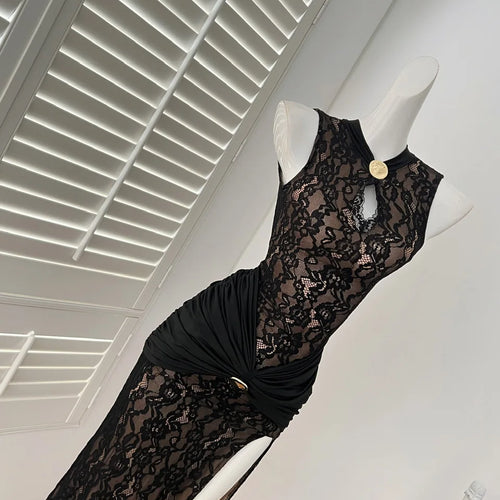 Load image into Gallery viewer, Chinese Style Women Black Patchwork Lace Elegant Slim Wrap Hip Pleated Vest Long Dress Summer Sleeveless Vacation Party Dresses
