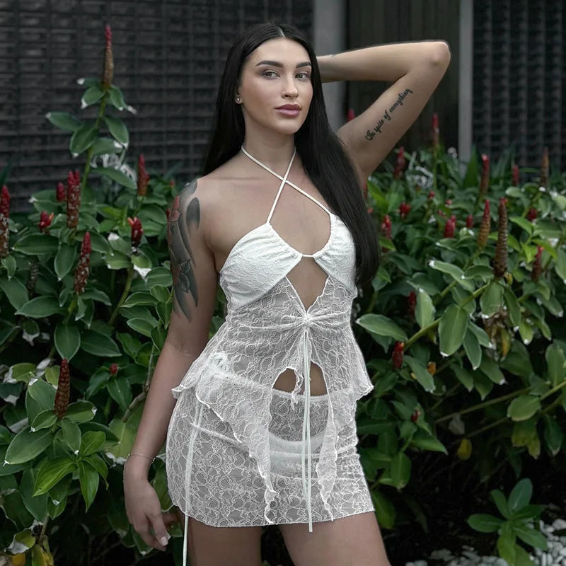 See Through Lace Hollow Out Sexy Two Piece Sets Women Halter Crop Tops And Mini Skirt Female Beach Club Skirt Sets