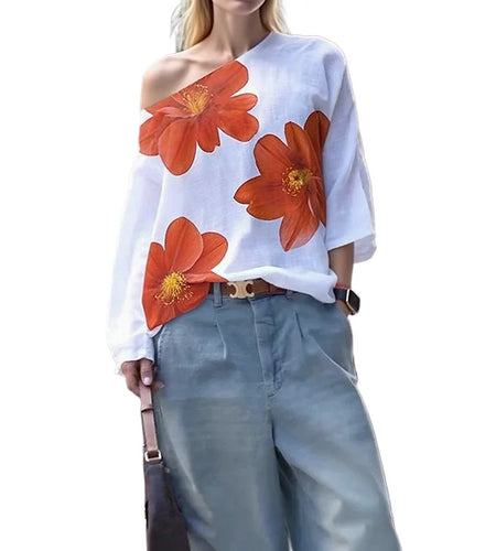 Autumn Spring Flower Print Blouse for Woman Elegant One-shoulder Long Sleeves Loose Asymmetrical Shirts Female