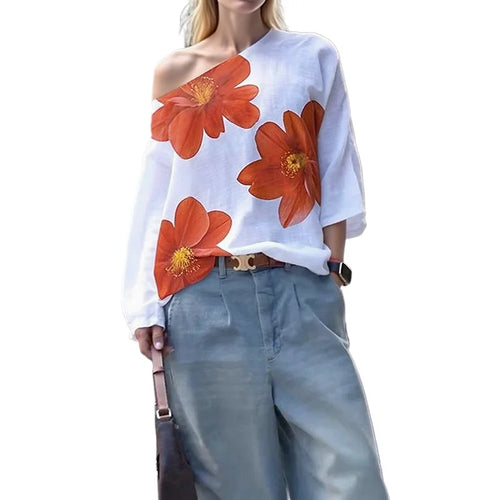 Load image into Gallery viewer, Autumn Spring Flower Print Blouse for Woman Elegant One-shoulder Long Sleeves Loose Asymmetrical Shirts Female
