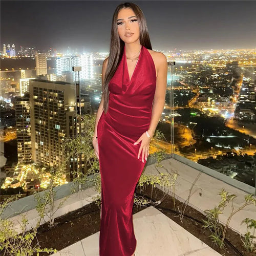 Load image into Gallery viewer, Halter Backless Sexy Maxi Dress For Women Gown Fashion Lace-up Deep V Neck Sleeveless Bodycon Split Long Dress Elegant
