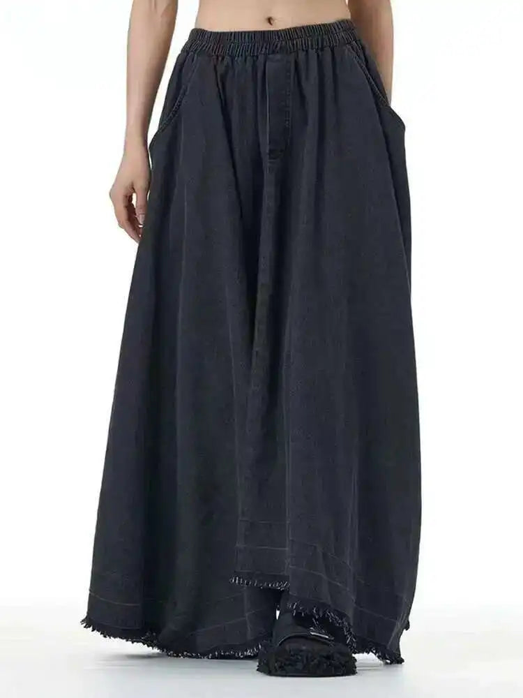 High Elastic Waist Black Denim Irregular Burr Denim Long Half-body Skirt Women Fashion Tide New Spring Autumn 2025 1DH8220