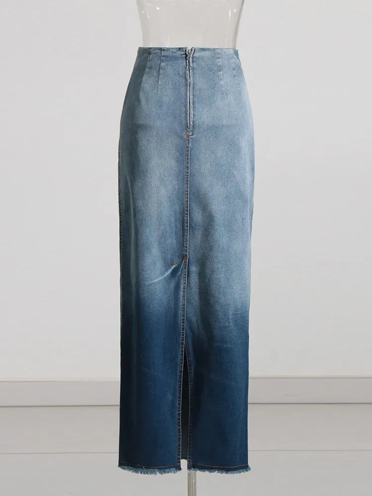 Minimalist Hit Color Patchwork Zipper Denim Skirt For Women High Waist Bodycon Long Skirts Female Clothing Fashion Style