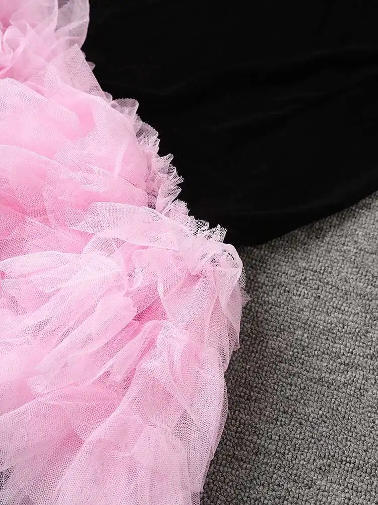 Women Green Mesh Ruffles Hem Big Size Knee-Length Dress New Round Neck Short Sleeve Fashion Spring Summer 2025 CPG2904