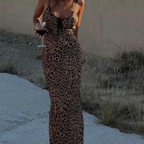 Load image into Gallery viewer, Leopard Print Beach Party Dress Spaghetti Strap Low Cut Backless Maxi Long Dresses Vacation Outfits for Women C83-CC25
