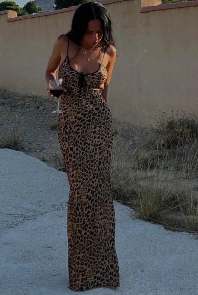 Leopard Print Beach Party Dress Spaghetti Strap Low Cut Backless Maxi Long Dresses Vacation Outfits for Women C83-CC25