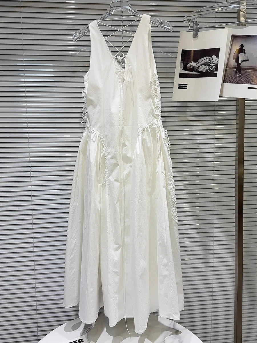 Solid Spliced Appliques Elegant Dresses for Women V Neck Sleeveless Patchwork Folds Long Dress Female Clothing New