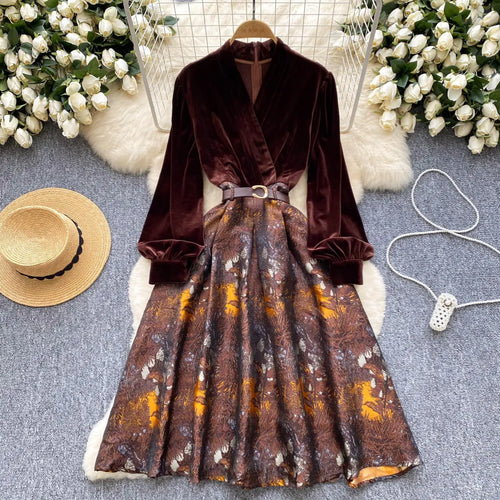 Load image into Gallery viewer, Vintage Brown Patchwork Print Elegant Lantern Sleeve Long Dress Bohemian Autumn Winter French Slim Fashion Women A-line Dresses
