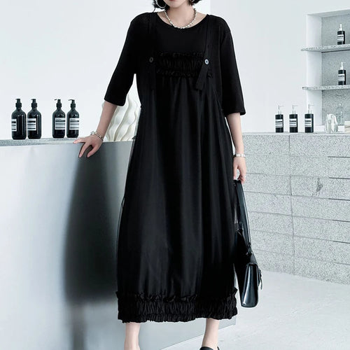 Load image into Gallery viewer, Women Black Ruffles Spliced Big Size Strap Dress New Square Collar Sleeveless Fashion Tide Spring Autumn 2025 1DJ1157
