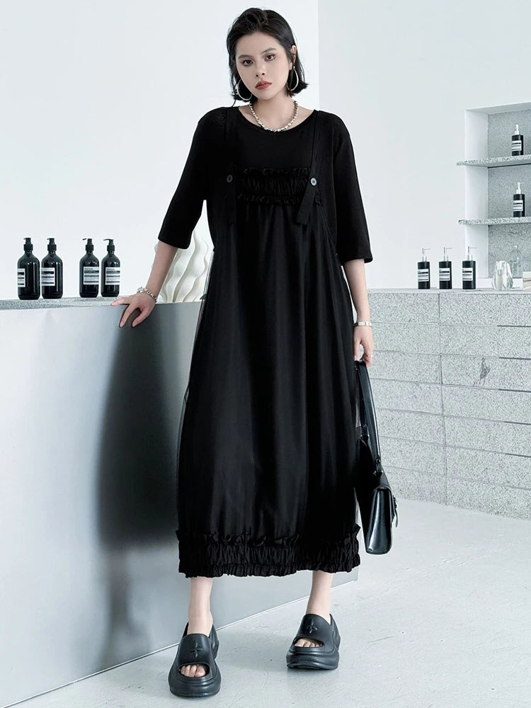 Women Black Ruffles Spliced Big Size Strap Dress New Square Collar Sleeveless Fashion Tide Spring Autumn 2025 1DJ1157
