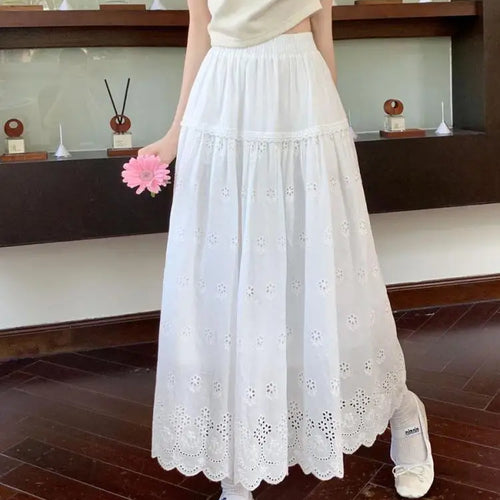 Load image into Gallery viewer, Vintage White Elegant Hollow Out Pleated Long Skirts For Women A-line Elastic High Waist Skirt Spring Summer Ladies Romantic New

