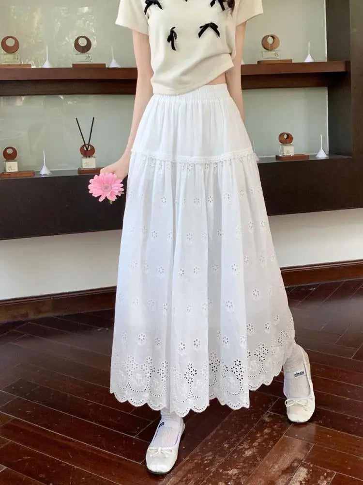 Vintage White Elegant Hollow Out Pleated Long Skirts For Women A-line Elastic High Waist Skirt Spring Summer Ladies Romantic New