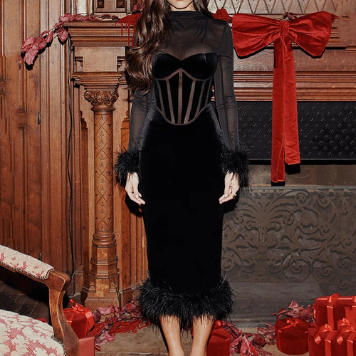 Load image into Gallery viewer, Elegant Feather Sexy Midi Dress For Women Black Fashion Sheer Long Sleeve Backless Bodycon Club Party Long Dress
