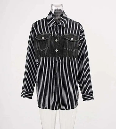 Women Black Striped Denim Spliced Big Size Blouse New Lapel Long Sleeve Shirt Fashion Tide Spring Autumn 2025 CP6A0001