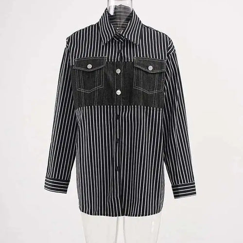Load image into Gallery viewer, Women Black Striped Denim Spliced Big Size Blouse New Lapel Long Sleeve Shirt Fashion Tide Spring Autumn 2025 CP6A0001
