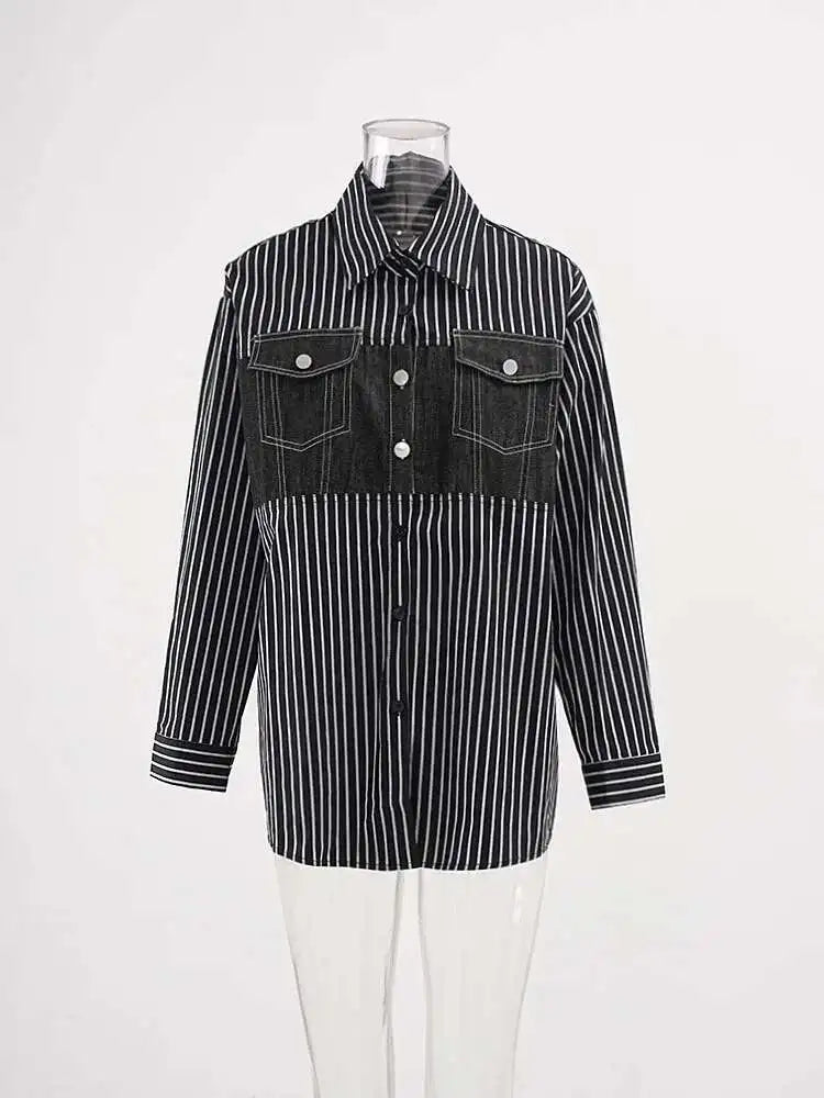 Women Black Striped Denim Spliced Big Size Blouse New Lapel Long Sleeve Shirt Fashion Tide Spring Autumn 2025 CP6A0001