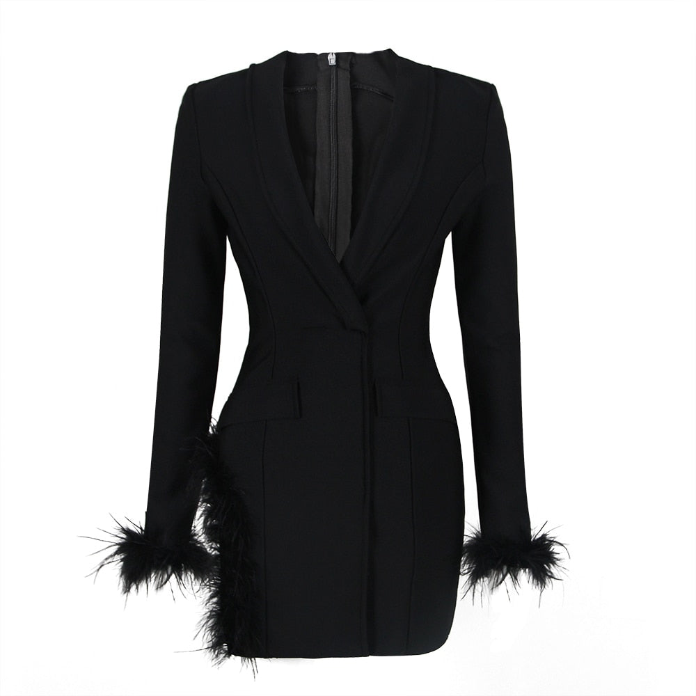 Slim Dresses For Women V Neck Long Sleeve High Waist Patchwork Feathers Solid Dress Female Fashion Clothing