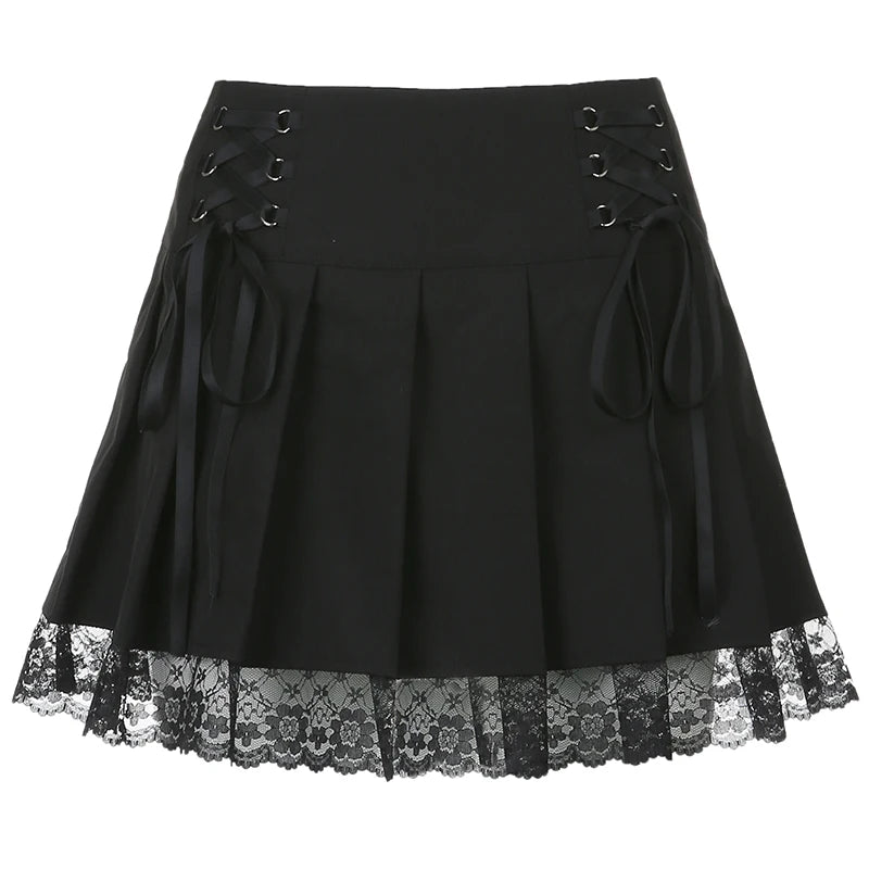 Gothic Harajuku Lace Trim Pleated Skirt Summer Dark Academia Tie Up Mini Skirts Women Outfits Preppy Style Y2K Bottom