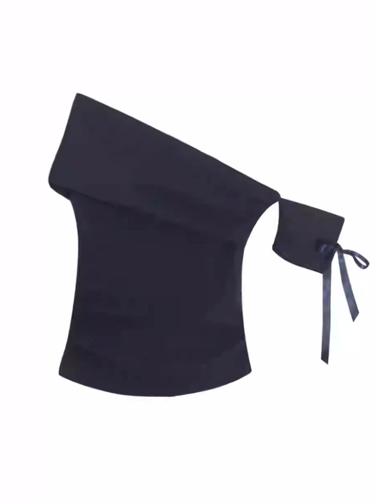 Women Vintage Skew Collar Cropped Tees Y2k Aesthetic Summer Bodycon Pleated T Shirts 2025 Harajuku Fairy Solid Bow Grunge Tops