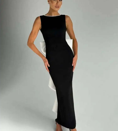 Elegant Pearl Bow Backless Sexy Maxi Dress Women Gown Fashion Sleeveless High Waist A-line Club Party Long Dress