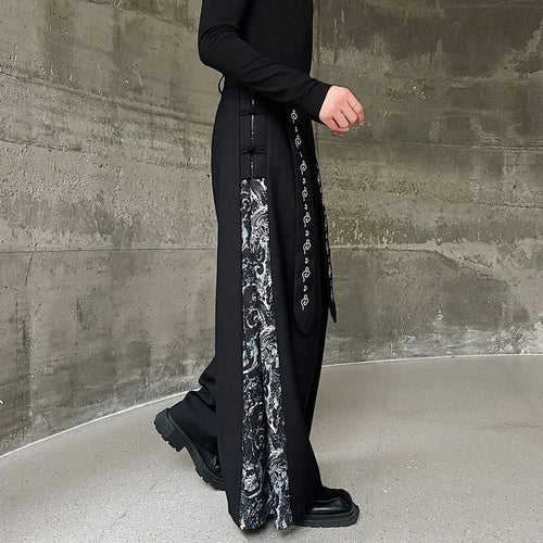 Load image into Gallery viewer, Chinese Style Embroidered Ribbon Skirt Pant Personality Men Patchwork Wide Leg Casual Trousers Fashion Versatile 9C3118
