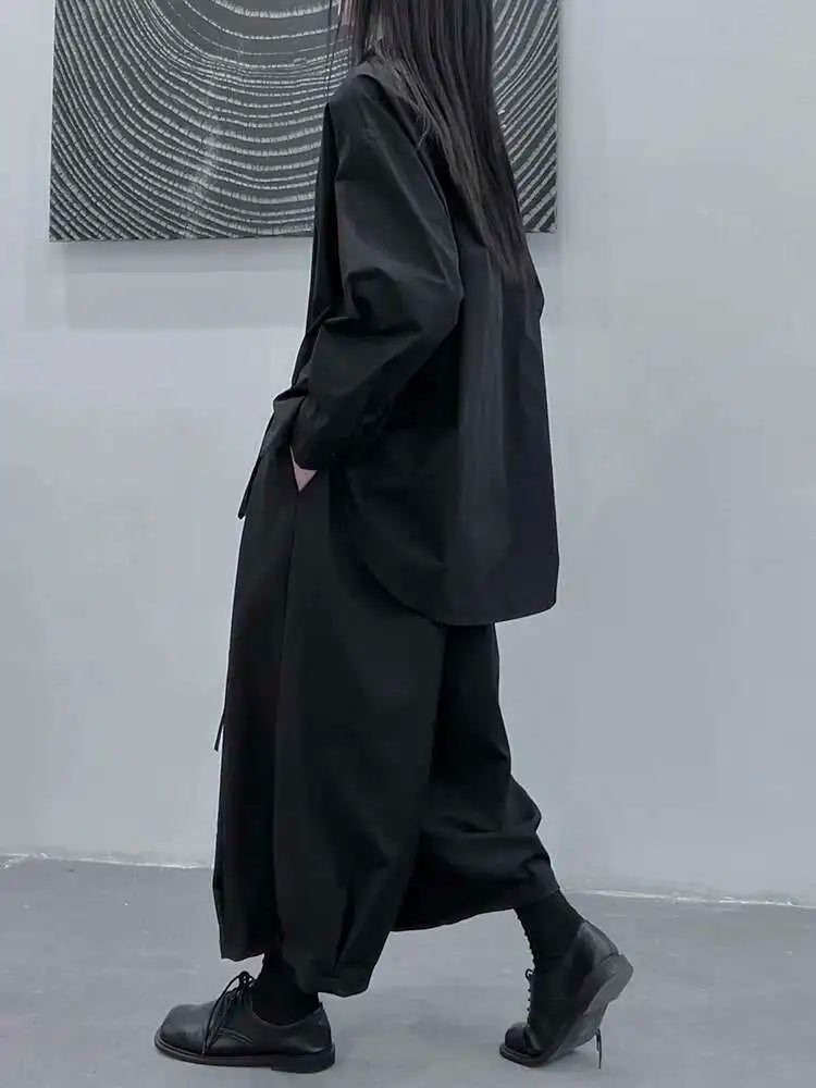 Women Black Irregular Slit Hem Big Size Casual Blouse New Lapel Long Sleeve Shirt Fashion Tide Spring Autumn 2025 1DH5095