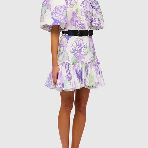 Load image into Gallery viewer, Casual Print Dresses For Women Lapel Puff Sleeve Gathered Waist Patchwork Belt Ruffles Temperament Mini Dress Female Summer
